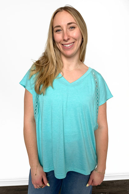 ALB Custom Women's Feminine Eyelet Trim V-Neck Top